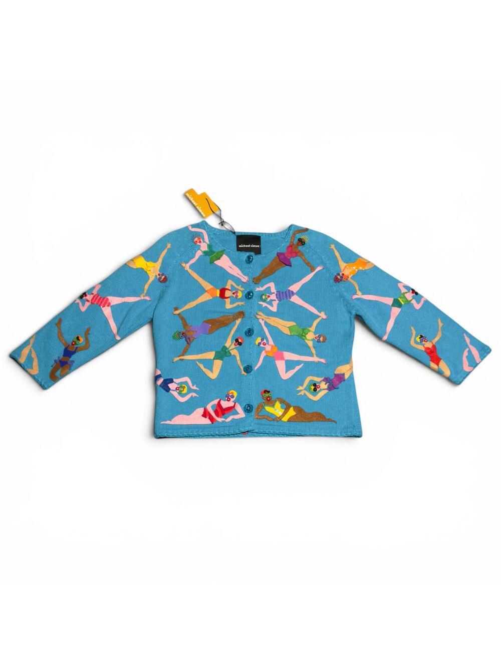 RARE Vintage NWT 90s Michael Simon Synchronized Swimmers Motif Cardigan Size M